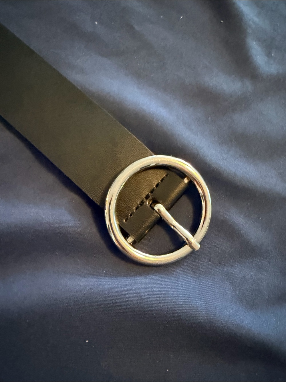 Women's Black Leather Belt with Round Silver Buckle